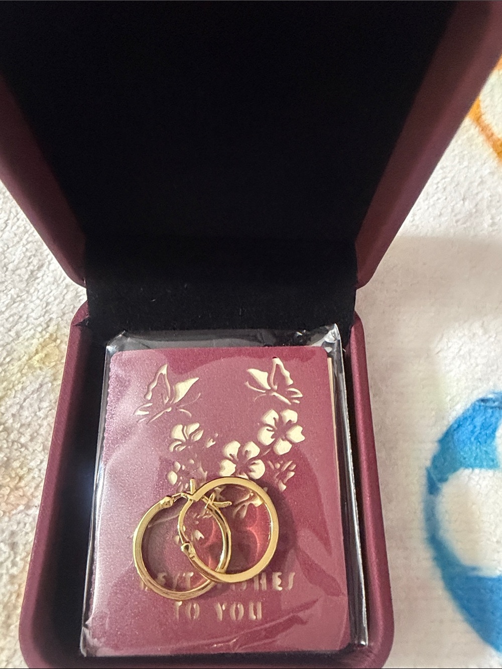 Gold filled Hoop Earrings with Burgundy Floral Gift Box